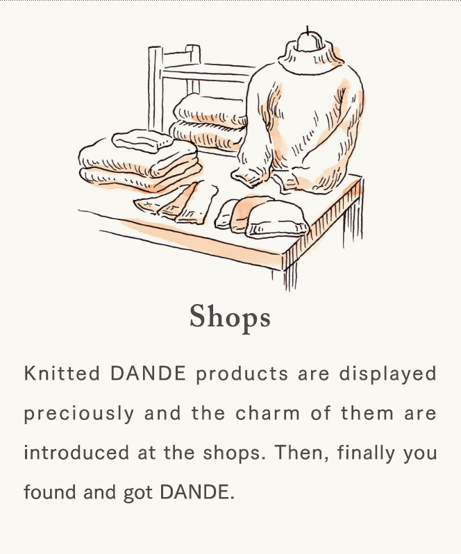 [Shops] Knitted DANDE products are displayed preciously and the charm of them are introduced at the shops. Then, finally you found and got DANDE.