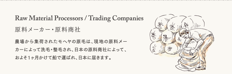 【原料メーカー・原料商】農場から集荷されたモヘヤの原毛は、現地の原料メーカーによって洗毛・整毛され、日本の原料商社によって、およそ１ヶ月かけて船で運ばれ、日本に届きます。