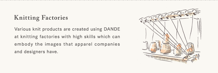 [Knitting Factories] Various knit products are created using DANDE at knitting factories with high skills which can embody the images that apparel companies and designers have.