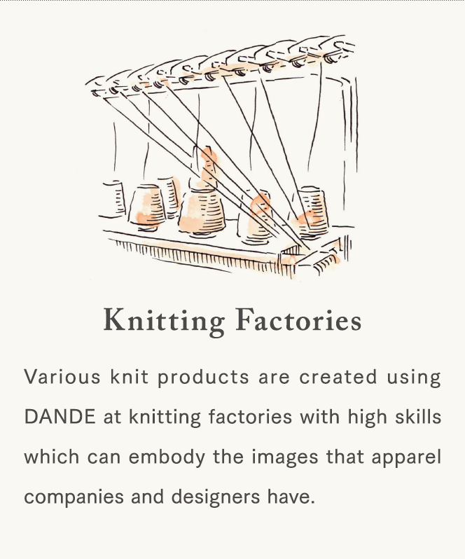 [Knitting Factories] Various knit products are created using DANDE at knitting factories with high skills which can embody the images that apparel companies and designers have.