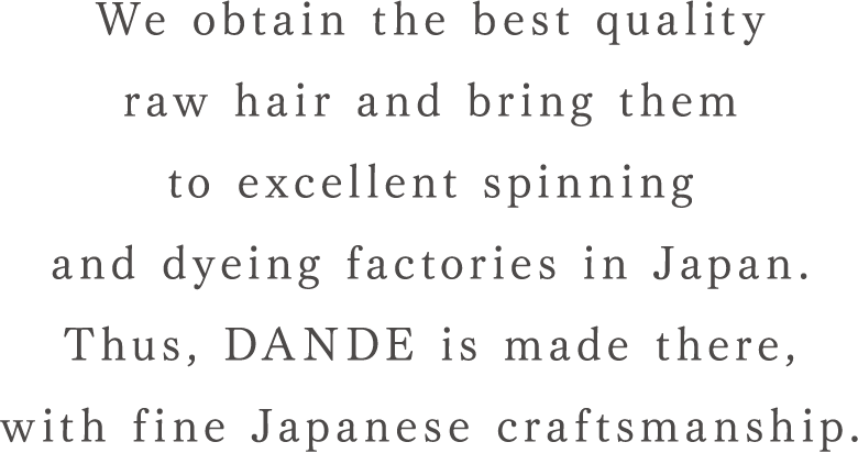 We obtain the best quality raw hair and bring them to excellent spinning and dyeing factories in Japan. Thus, DANDE is made there, with fine Japanese craftsmanship.