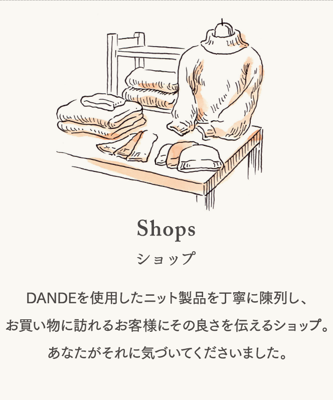 【ショップ】DANDEを使用したニット製品を丁寧に陳列し、お買い物に訪れるお客様にその良さを伝えるショップ。あなたがそれに気づいてくださいました。